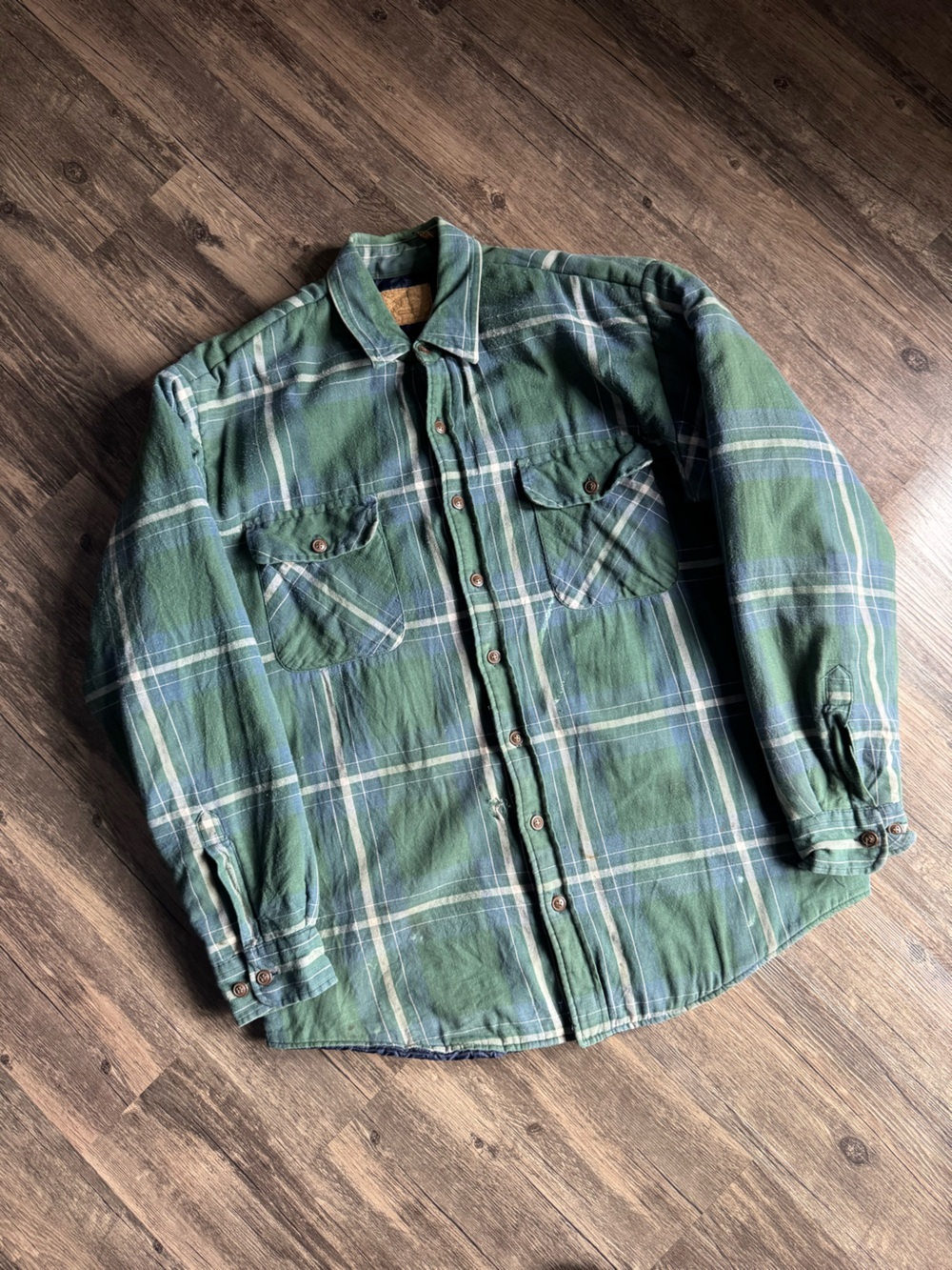Vintage 90s St Johns Bay Flannel Quilted Thrashed Jacket Size LT Green Plaid